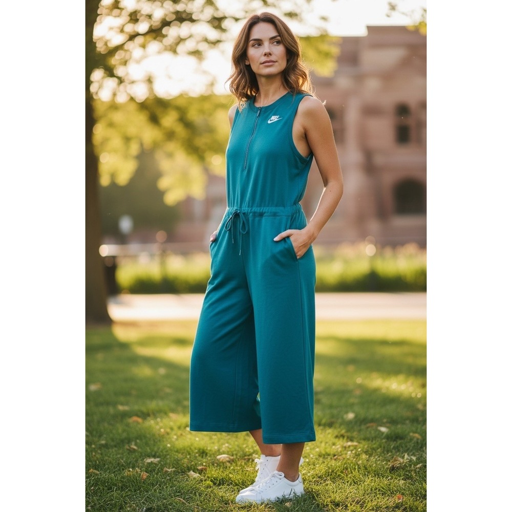 Nike Sportswear Club French Terry Romper Teal/Green Small Jumpsuit Crop wide leg